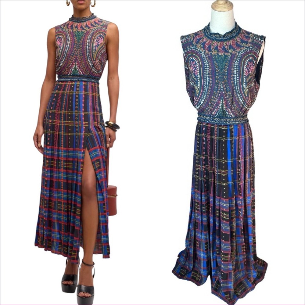 SALONI Liza Sleeveless Slit Midi Dress In Tartan Sz US 8 Mixed Print Statement